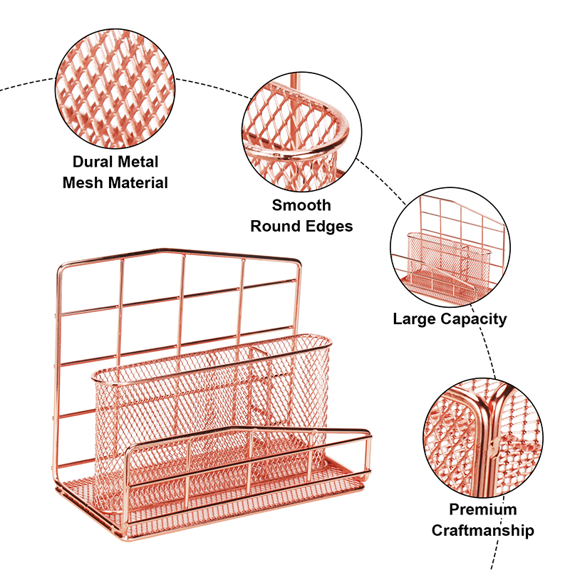 Comix Metal Wire 2 Compartment Mail and Stationary Table Top Organizer with Pen Holder and Storage Baskets