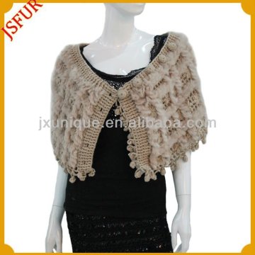 Fashion design women's wool knitted cape crochet shawl with rabbit fur trim shawl