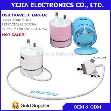 hot sale phone travel charger, 3 in 1 mobile phone travel charger