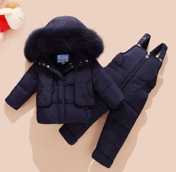Children Clothing Kids Down Coat Jacket Baby Girl Boy Fur Hooded Parkas +bib Pants Jumpsuit Clothes Winter Snowsuits