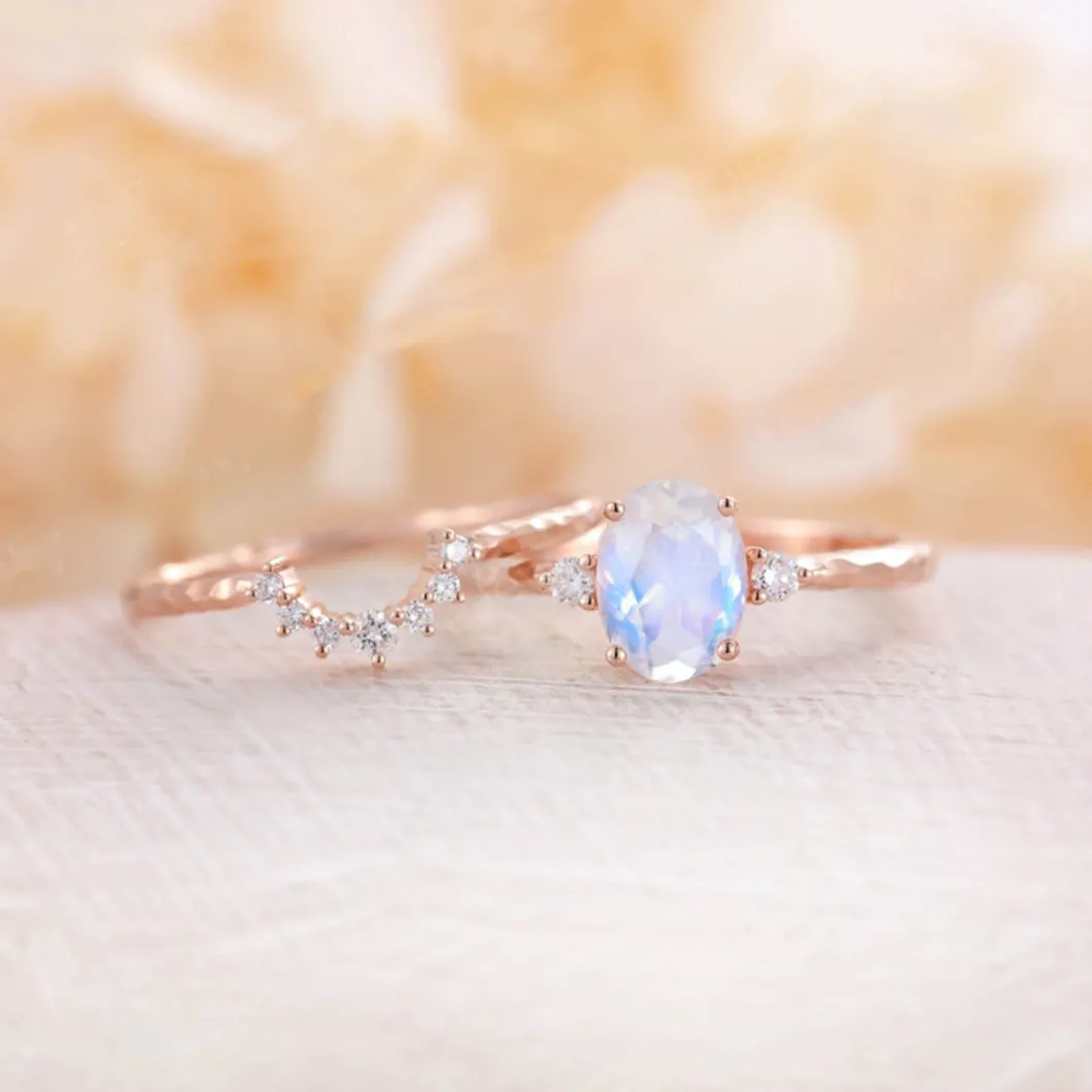 Rose Gold Plating 925 Sterling Silver Oval Cut Stacking Moonstone Couple Rings