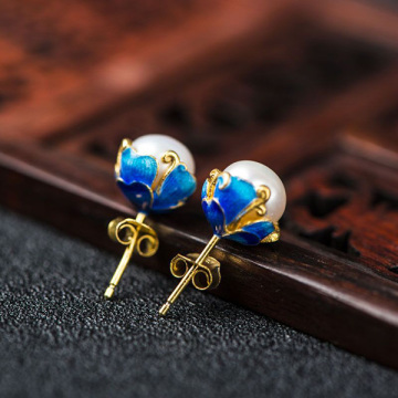 Wholesale 925 Sterling Silver Ear Stud Cloisonne Flower Freshwater Pearl Earrings