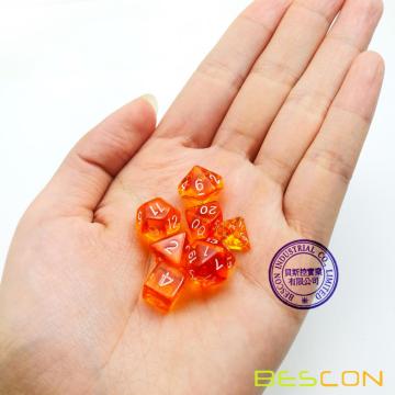 Bescon Mini Translucent Polyhedral RPG Dice Set 10MM, Small RPG Role Playing Game Dice Set D4-D20 in Tube, Transparent Orange