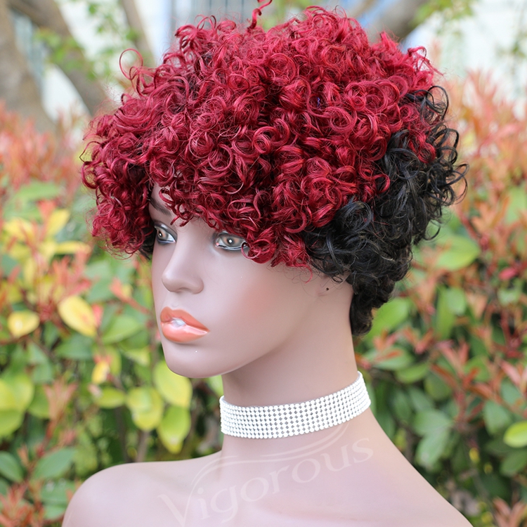 Vigorous Top Quality Ombre Black Roots To Red Afro Kinky Curly Wigs for Black Women Short Side Part Human Hair Wholesale Price