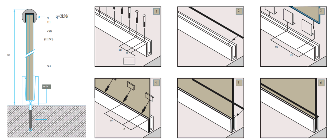 Fabricante profesional de barandilla de vidrio de canal en U, balcón, panel de aluminio, barandilla de vidrio