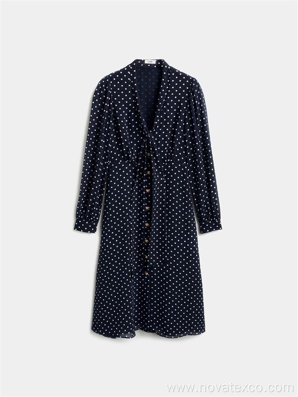 V-neck Polka Dot Printed Long Sleeved Dress