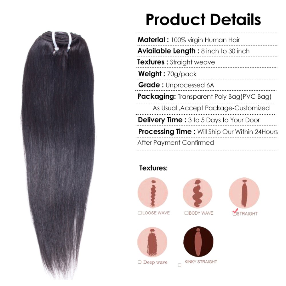 Unprocessed Peruvian Straight Human Hair Clip In Extensions 10 pcs/ set Natural Color Full Head Straight Virgin Hair Clip Ins