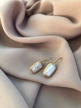 Minimalist Rectangular Flat Pearl Elegant Gold Earrings