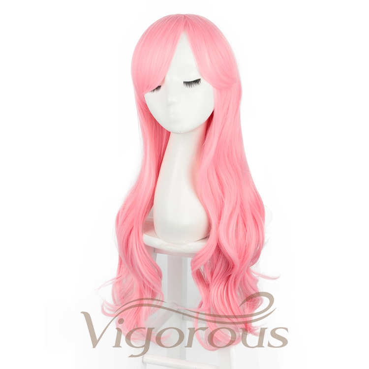 Inclined Bangs Heat Resistant Natural Wholesale Cheap Price Pink Crazy  Long Body Wave Cosplay For Party Synthetic Wigs