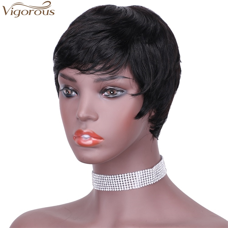 Vigorous Women Human Hair Wig Bob Hair Cut Pixie Side Part Black Fluffy  Human hair Wig Daily Use For Women