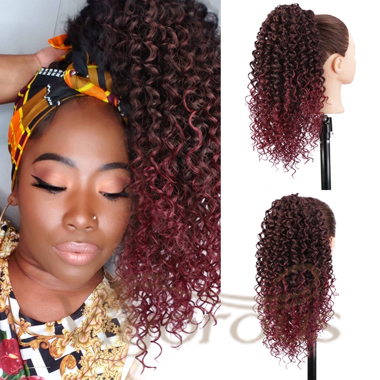 Vigorous High Quality Wholesale Long Ombre Burgundy Kinky Curly Machine Made Updo Drawstring Synthetic Ponytail Hair Extension