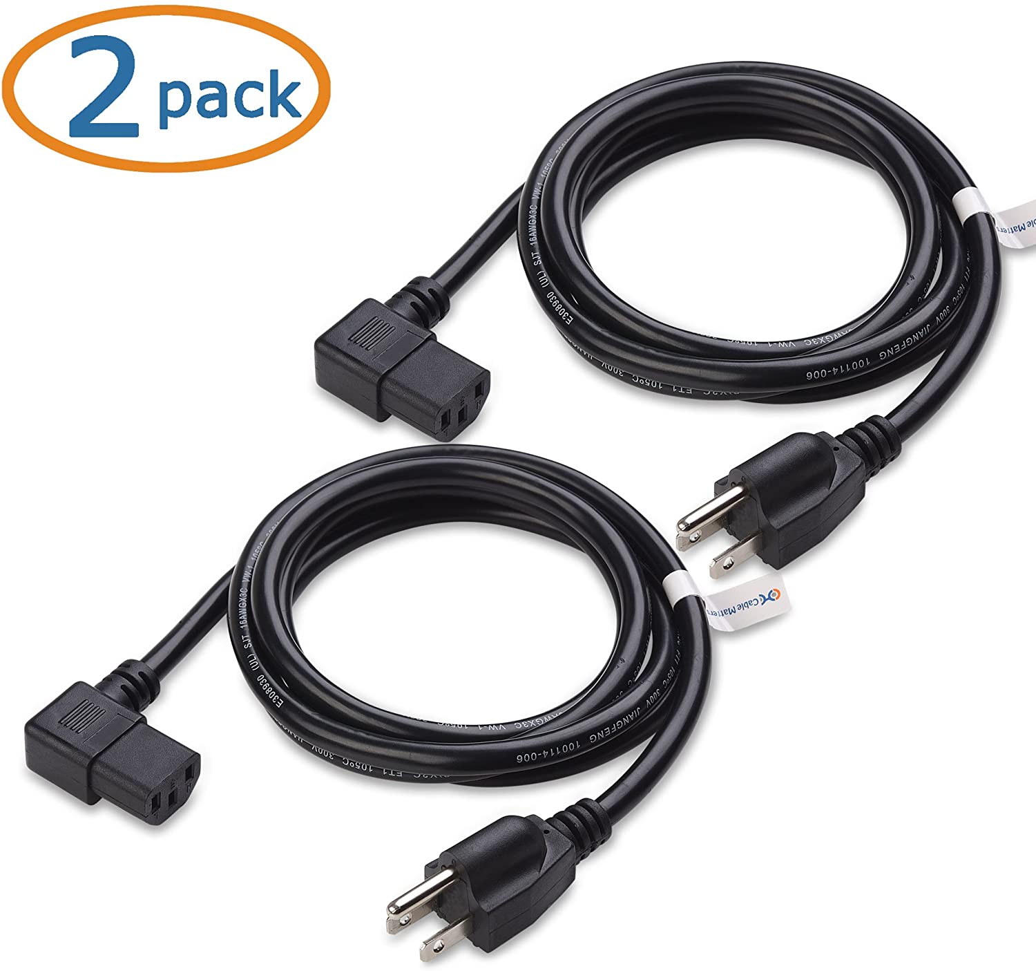 2-Pack 16 AWG Right Angle Power Cord (Power Cable) 6 Feet (NEMA 5-15P to Angled IEC C13)