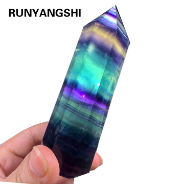 Runyangshi Big size 10x3cm Natural Rainbow Fluorite Crystal column Stripe fluorite hexaprism crystal wand for Home decoration