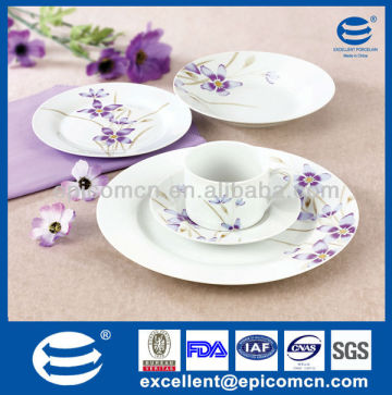 Hot sale 20 pcs violet purple decal round porcelain table utensils, daily use ceramic tableware set, ceramics for daily use