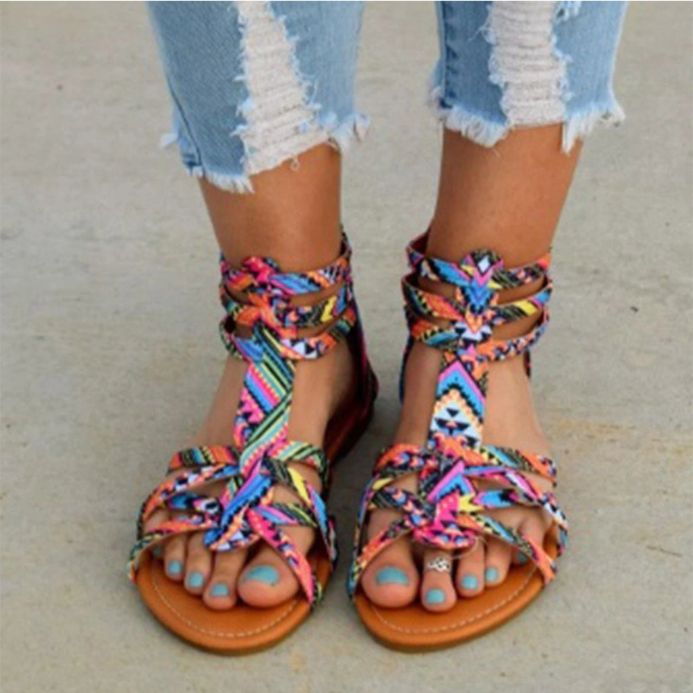 Wholesale Printing Material Buckle Strap Women Sandals Heels Roman Sandals Flat Sandals Women