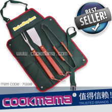 3pcs wood handle bbq set with apron