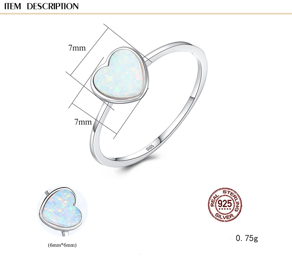 Fashion Heart 925 Sterling Silver Opal Rings