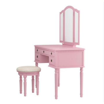 French Style Wooden Dressing Table With Mirror Pink