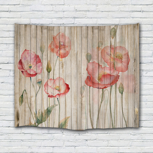 Vintage Planks with Red Flower Tapestry Wall Hanging Vertical Striped Wooden Board Wall Tapestry for Livingroom Bedroom Dorm Hom