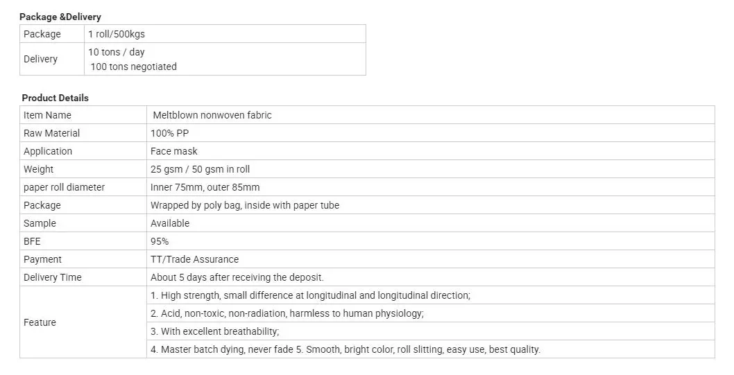 25GSM Bfe95%PP Nonwoven Meltblown Fabric for Face Mask Use