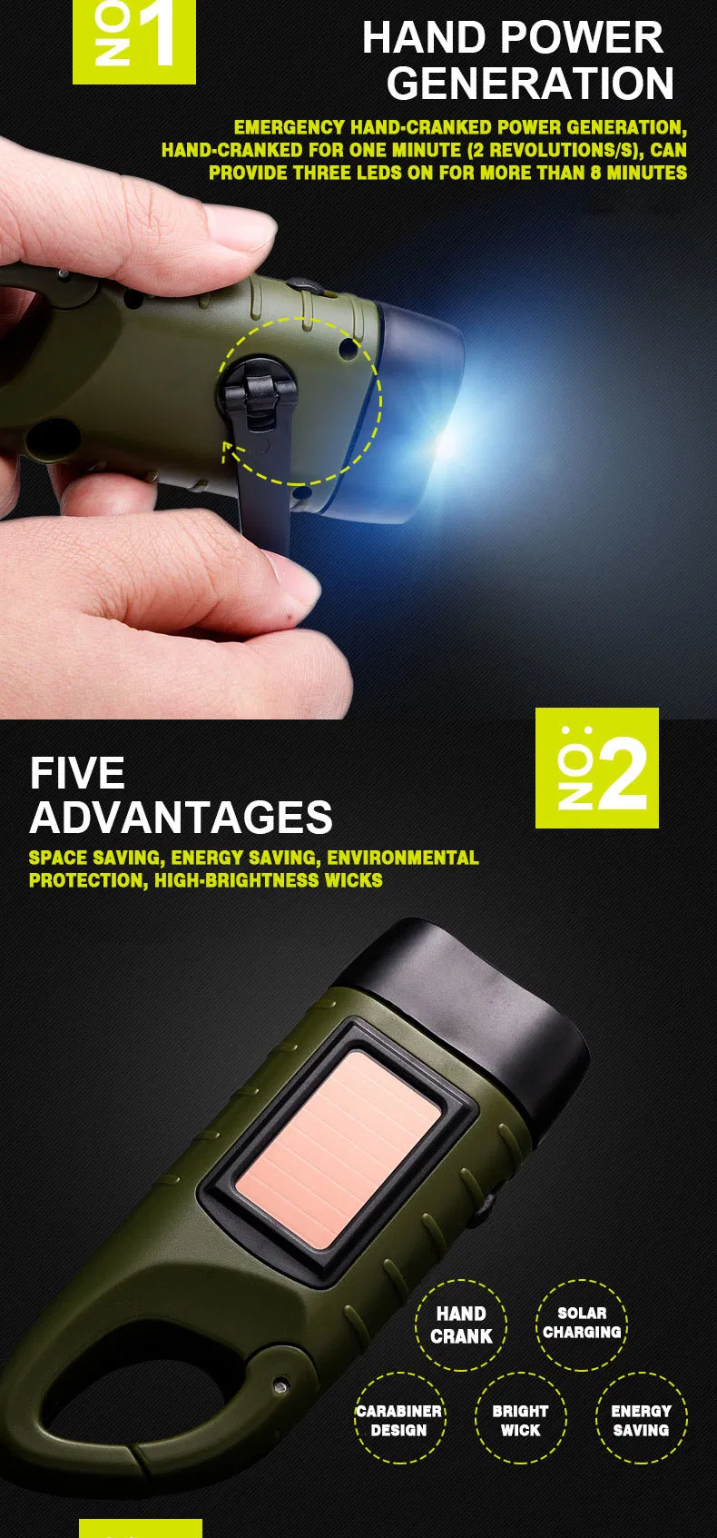 Hand Crank Solar Powered Flashlight Cheap Powerful Emergency Rechargeable Flashlight Crank-Powered Flashlight
