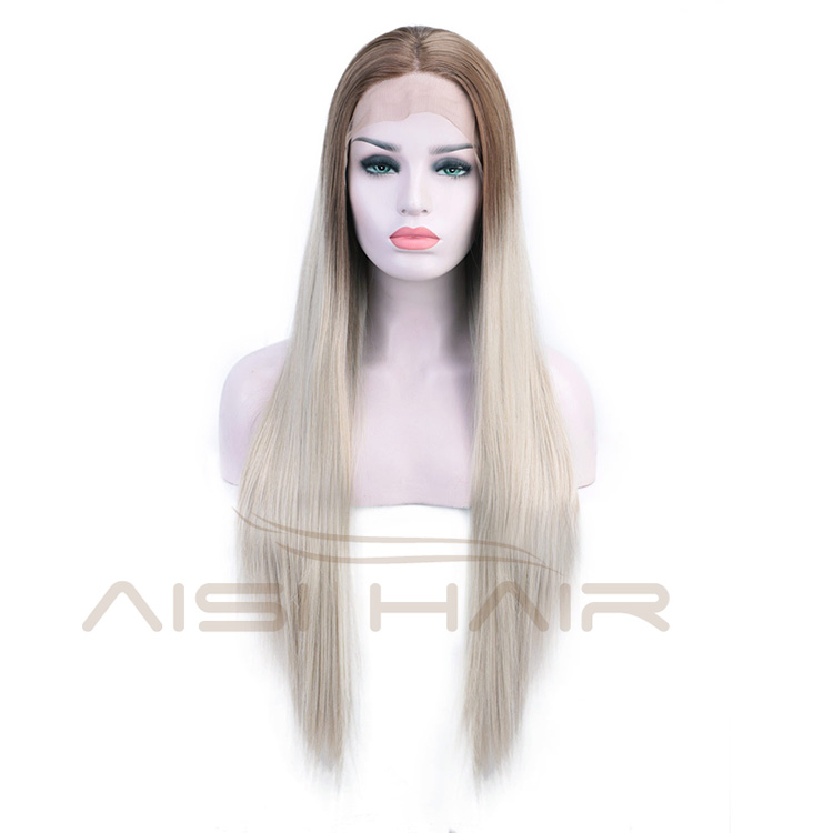 Aisi Hair Silky Straight Synthetic Lace Front Wigs Ombre Brown to Gray Heat Resistant Wigs Lace Front Middle Part Wig for Women