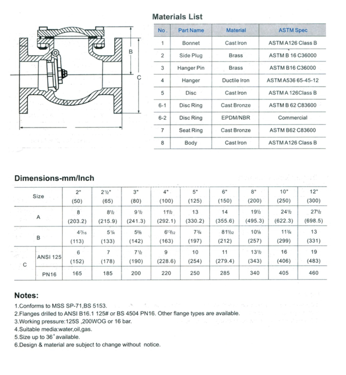 Drawing of  Swing check valve flanged type