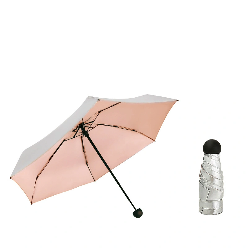 Titanium Silver Coating Pocket Size Mini UV Windproof Five Folding Umbrella with Doll Storage