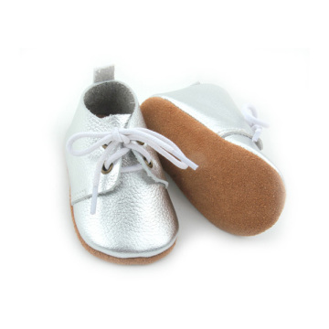 silver leather soft-soled Unisex baby oxford shoes