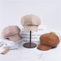 Solid color pu leather British retro octagon beret