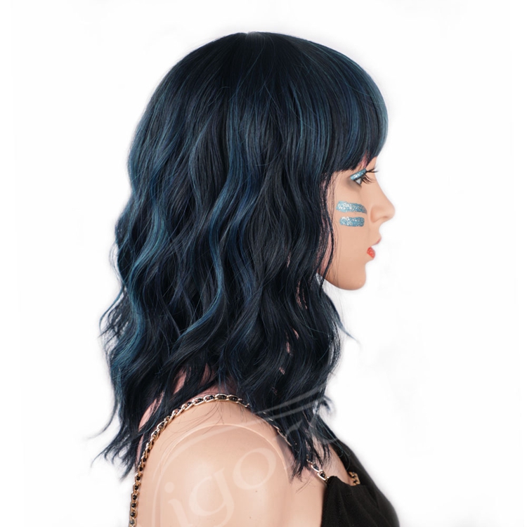 Hot Selling Water Wave With Bang Bob Mixed Blue Black Manufacturers High Quality Cheap Heat Resistant Synthetic Wigs