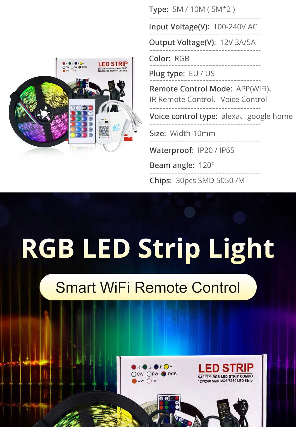 Amazon Alexa Google Home Tuya Wifi IP65 Flexible Waterproof LED Strip Light Strip LED Light RGB