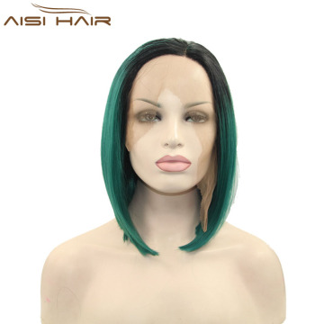 Factory Price Short Bob Style Lace Front Wig Synthetic Ombre Green Color Hair Heat Resistant Wig