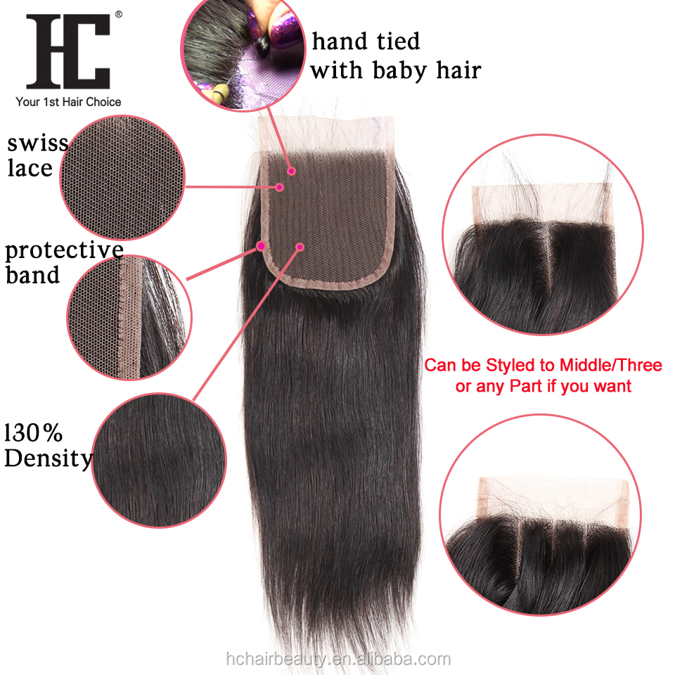 HC Straight Hair 3 Bundles With Closure Brazilian Remy Human Hair Weave 13x4 Pre Plucked Lace Frontal Closure With Bundles 4 Pcs