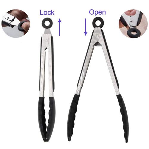 Stainless steel locking kitchen tongs with silicon tips