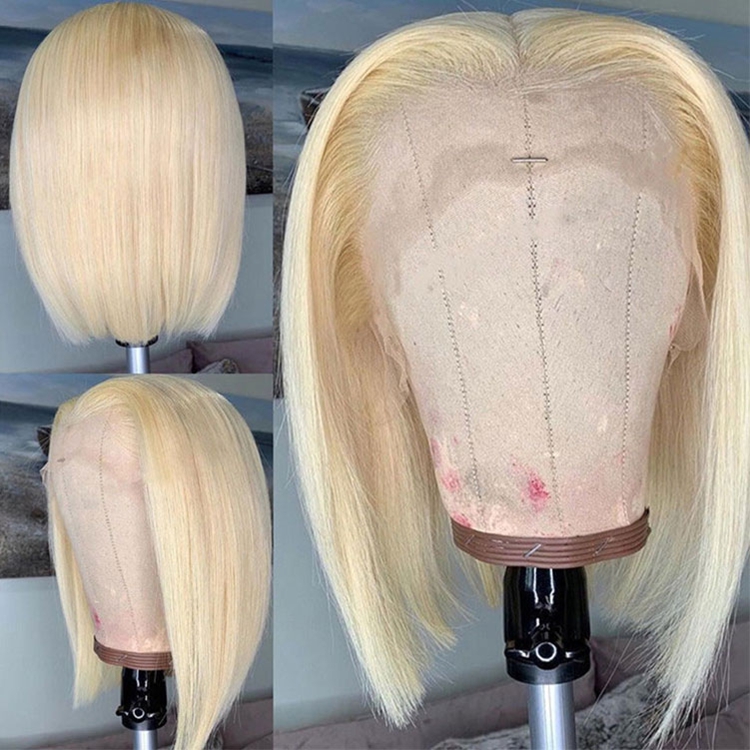 613 Custom Color Blonde Straight Peruvian Human Hair Short Pre-Plucked Transparent Lace Front Bob Wig