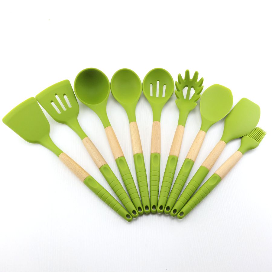 9pcs ustensiles de cuisine en silicone de bois de hêtre