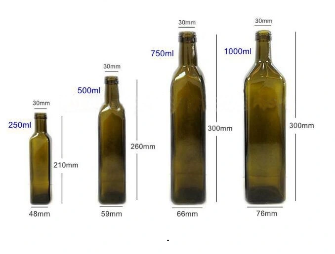 Food Grade 250ml 500ml 750ml 1000ml Square Dark Green Marasca Glass Bottle Olive Oil Bottle 500ml Antique Green Round Olive Oil Bottle