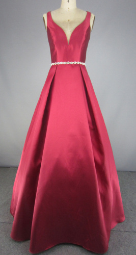 Y Neck Bridesmaid Dress with Beaded Waistband