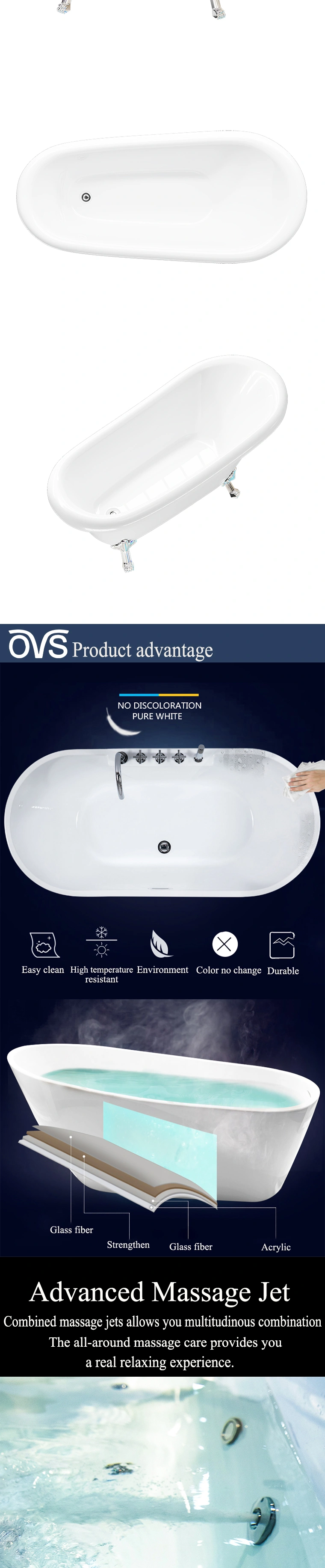 White Color Acrylic Classical Bathtub with Four Claw Feet