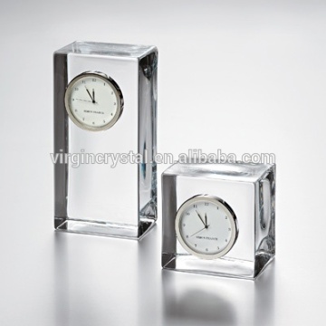 Clear K9 Optical Crystal Block Clock With Custom Logo Printed For Small Table Clock