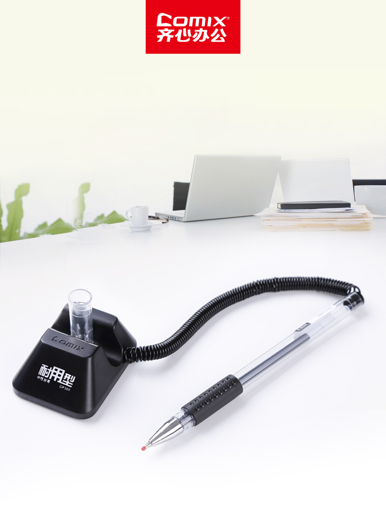 Factory customized logo 0.5mm black adhesive-backed base coil desktop gel ink pen for banks retailers office lobbies hotel