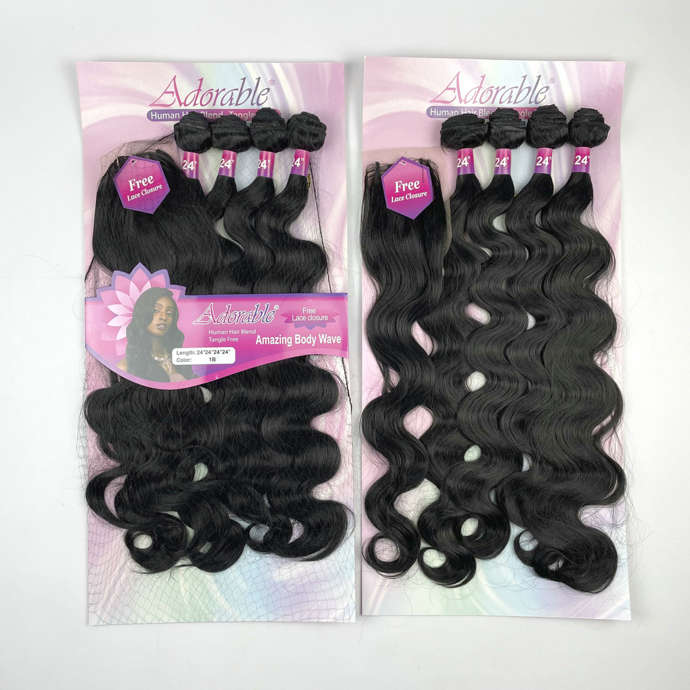 synthetic fiber hair with lace closure, Amazing Body Wave 4 bundles in a pack