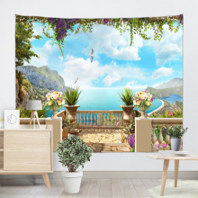 Sea View Flower Tapestry Möwe Berg Wandbehang Blue Spring Tapisserie Tropical Style Tapisserie für Schlafzimmer Home Dorm Decor