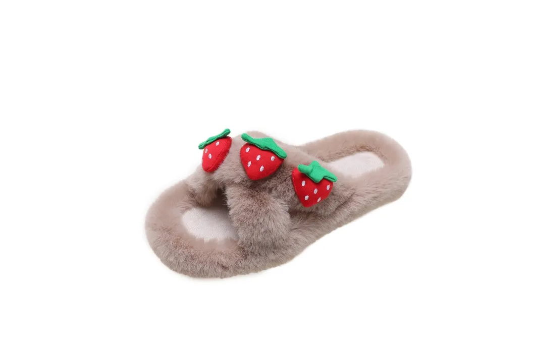 Fancy New Design Strawberry Pattern Crisscross Fluffy Slippers Flat Shoes and Slippers for Women