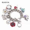 Colores moda pulsera Metal corazón colgante Multi mujeres Vestido reloj cuarzo