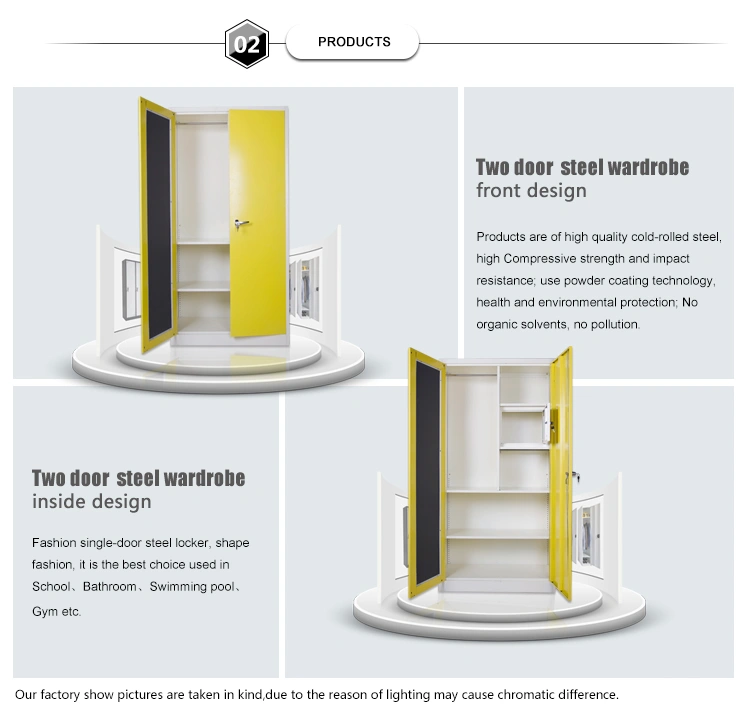 China Supplier Yellow 2 Door Metal Wardrobe / Steel Clothes Cabinet