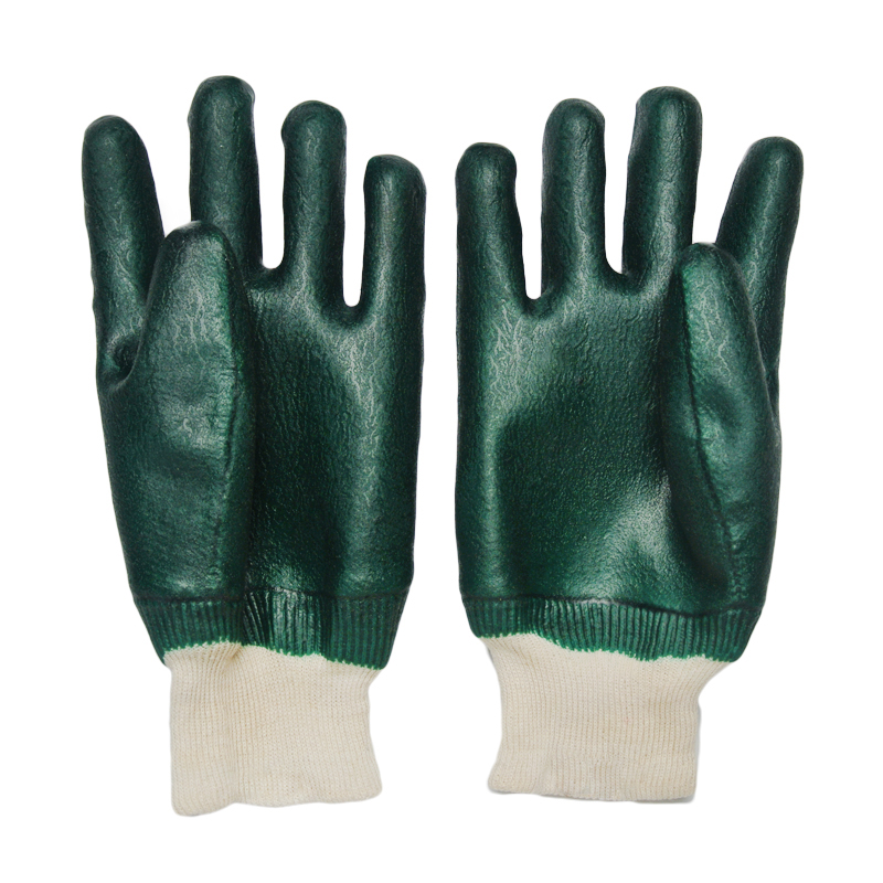 Guantes recubiertos de PVC verde Muñeca de punto de acabado arenoso