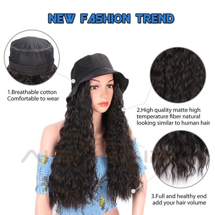 Aisi Hair Outdoor Hat Black Water Wave Wig Party Knit Slouchy Hat Synthetic Fiber Hair Extension With Black Bucket Hat For Women