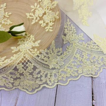 Pale Yellow Cord Embroidery On Poly Mesh Fabrics